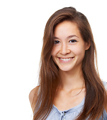 Image showing Asian woman, smile and studio for hair care in white background for wellness and hygiene. Portrait, female person, happy and treatment for results with healthy, clean and satisfied with aesthetic.