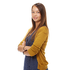 Image showing Studio, portrait and confident student with arms crossed, trendy and commitment to education by white background. English woman, pride and positive face in style and ready to study in casual fashion