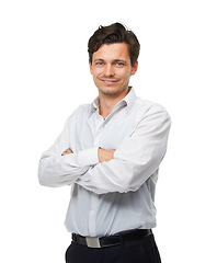 Image showing Portrait, businessman and smile in studio with professional, formal and happy ready for office. Male person, joyful and confident with arms crossed, working and corporate look on white background