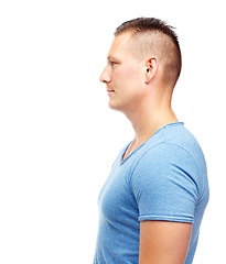 Image showing Mockup space, face and profile of man in studio with confidence or stylish with pride. Model person, fashion and trendy in outfit isolated with casual, cool and style or clothes on white background