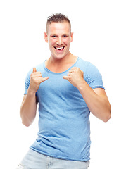 Image showing Portrait, happy man and smile in studio confident, proud and excited on white background. Male person, facial expression and shaka gesture while standing casual, clothes and cheerful with happiness