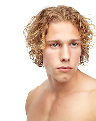 Image showing Model, closeup and man for hair care, treatment and growth isolated on white background. Male person, blonde and hairstyle in studio with confidence for styling, shampoo and hairdo for beauty