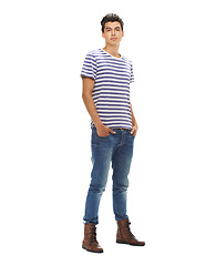 Image showing Portrait, man and fashion with relaxed, casual and edgy clothes isolated in studio by white background. Confidence, face and young male model in trendy, cool and stylish outfit in mockup space.