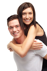 Image showing Portrait, couple and happy in studio with piggyback, love and romance in relationship. Partners, man and woman with smile or happiness, marriage and commitment or support on white background