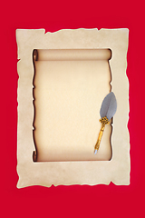 Image showing Parchment Paper Scroll with Decorative Brass Feather Quill Pen 