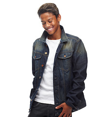 Image showing Happy man, fashion and denim jacket with style or cool attitude on a white studio background. Isolated male person, student or young model with smile, hairstyle or stylish clothing on mockup space