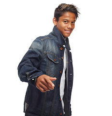 Image showing Happy, portrait and boy with hand pointing at you in studio for choice, decision or selection on white background. Opportunity, offer and face teenage male student with fashion, promotion or deal