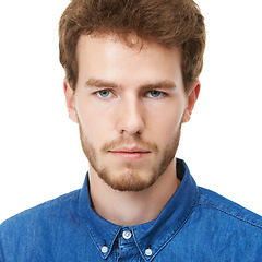 Image showing Serious, man and portrait for fashion, denim shirt and clothing in casual blouse on white background with closeup, stylish and frowning. Male person, model or stern face in studio in England