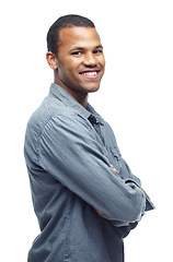 Image showing Portrait, white background and African man with denim shirt as outfit, smile and happiness for clothes. Male person, joy and trendy for aesthetic of fashion, casual and cool as model in studio