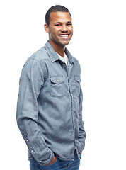 Image showing Portrait, studio and black man with denim shirt, happy and smile on face for clothes. African male person, joy and style for aesthetic of fashion, casual and cool as model in white background
