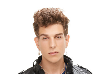 Image showing Handsome man, portrait and fashion with hairstyle, ear rings or accessories on a white studio background. Closeup of attractive male person, punk or young dude with stylish hair or jewelry on mockup