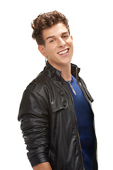 Image showing Happy man, portrait and fashion with leather jacket or cool clothing on a white studio background. Attractive male person, young punk or handsome dude with smile for casual outfit, jewelry or style