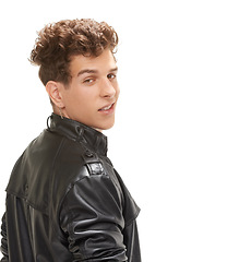 Image showing Portrait, studio and smile of man with leather for jacket in white background, confident and stylish. Male person, face and happy with vintage aesthetic for fashion, guy and model with edgy clothes