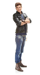 Image showing Happy man, portrait and fashion with confidence for leather jacket, denim jeans or cool clothing on a white studio background. Handsome male person, punk or young dude with casual outfit for style