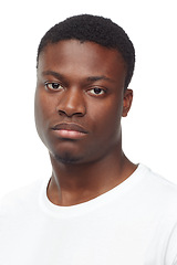 Image showing Portrait, studio and black man with tshirt, serious and closeup on face for clothes. African male person, confident and style for aesthetic of fashion, casual and cool as model in white background