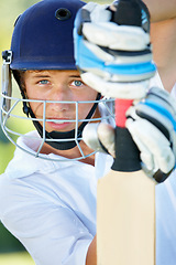 Image showing Sport, portrait and teenager with cricket outdoors for active training, workout or competition. Performance, challenge and face of male athlete in gear for physical activity, exercise and tournament.