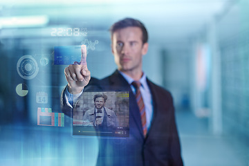 Image showing Businessman, news and hologram with display of digital interface with reporter. Male person, online and check update on global information with future or advanced technology and high tech for data