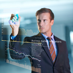Image showing Dashboard, graph and businessman digital on finance with technology for future of data analyst. Male person, serious and working in company for corporate as employee or staff for solving of database