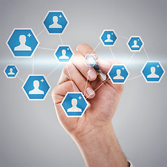 Image showing Hand, link or icon as social network, connection or hologram on mockup in studio on grey background. Community, contact or networking for cyber, online or influence in viral, digital or communication