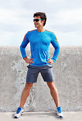 Image showing Man, outdoor and exercise for fitness with smile for health, ready and fresh with wellness. Male person, sportswear and active as runner with sunglasses for workout, wellbeing and committed.