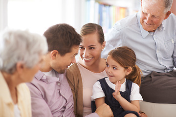 Image showing Parents, grandparents and child with smile on sofa for healthy development, security or comfort in apartment. Family, men and woman with girl kid, happiness or bonding for parenting and love in house