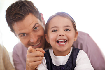 Image showing Father, daughter and portrait pointing, smile and bonding together at house. Family, growth and development of young girl, dad and single parent sharing cute moment, excitement and gesturing forward