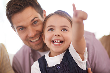 Image showing Happy, father and daughter excited at family home, smile and cheerful on sofa. Bonding time, dad and child with face expression young girl, motor skills growth and development in house