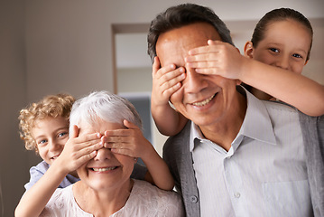 Image showing Portrait, grandparents or grandchildren for piggyback, laugh and multi generation family hangout. Senior citizens, boy and girl with smile, hug and play for happy, bonding and together at home