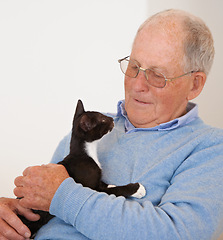 Image showing Happy, home and old man with a cat, bonding and love with joy and caring with support and smile. Pensioner, apartment and elderly guy with animal and playing with a pet and relaxing in a living room