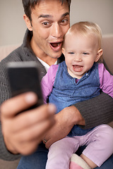 Image showing Happy family, dad and baby with selfie in house, love and care of new parent in living room. Father, daughter and smile with relax for profile picture, cute and bonding together on sofa in home