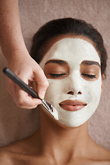 Image showing Skincare, smile and woman with face mask at spa for glow, wellness and beauty routine with self care. Cosmetic, natural and female person relaxing for clay facial dermatology treatment at salon.