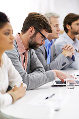 Image showing Group, diversity and business people in row in meeting, thinking and panel in corporate convention. Human resource, personnel and tablet with listening in workshop, connected and decision in seminar