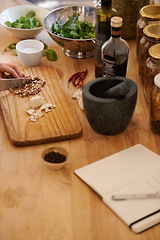 Image showing Person, hands and chop for salad with knife, wellness and health in a home with nutrition. Vegan, wood board and cooking with diet food in a kitchen with vegetable ingredients for lunch recipe