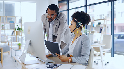 Image showing Computer, telemarketing and call center training with business people in office for orientation. Documents, customer support or service with consultant teaching employee the work process at new job