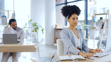 Image showing Business woman, internet and research on computer in modern office and professional with technology at work. Developer, coworking and reading on pc on social media and planning a project on website