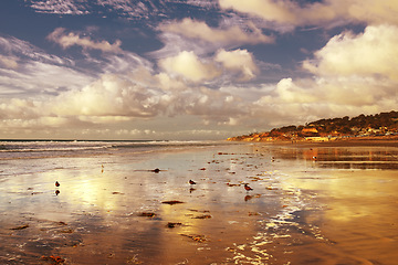 Image showing Ocean, sunset and clouds in blue sky by horizon and island and tourist destination for summer vacation in nature. Environment, skyline or cloudy weather on beach, foam or outdoor travel in california