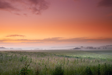Image showing Sunset, nature and green field with mist on mountain, peace and plants in countryside in sustainable environment. Outdoor, travel and landscape of meadow in denmark and hiking destination for tourist