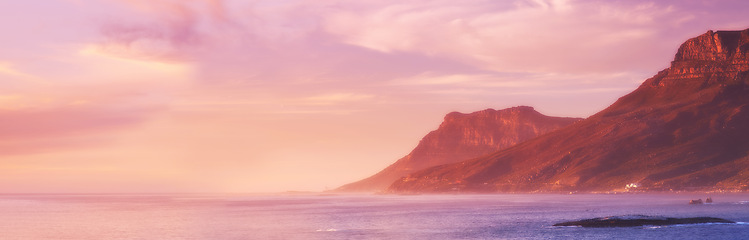 Image showing Beach, travel and mountains in nature or sustainable environment and island destination for vacation. Landscape, sea or sunlight on water on ocean, calm or seascape of cape town for tourist adventure