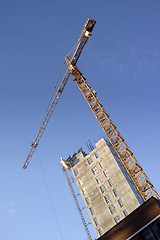 Image showing Crane, construction and site on blue sky background for building with heavy machinery in architecture or engineering. Hoist in city, urban or industrial development in low angle of overhead equipment