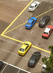 Image showing High angle of street, cars and parking lot for road infrastructure, transport and traffic flow. Aerial view of outdoor with driving and asphalt and lines or design for travel, car and street rules