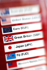 Image showing Countries, exchange rate and finance information or money value as travel research or stock, dollar or pound. Great Britain, euro and currency data or blur with foreign profit, report or investment