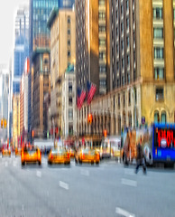 Image showing Blur, traffic and taxi in street with city, landscape and transportation background for travel outdoor. Building, cab car driving in road and metro with motion or moving, journey or trip in New York