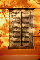 Image showing Vintage, window and wooden doors with home exterior, autumn design or building of wall or texture. Pattern, paint or wood frame of shutters, feature or outdoor house for historic or retro decor