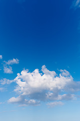 Image showing Blue sky, cloud and mockup space with nature, weather or outdoor climate of natural scenery in the air. Clean ozone, view or skyline of heaven, condensation or clear cloudy day in the atmosphere