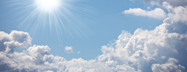 Image showing Sun, cloud and blue sky with light for heaven, hope or faith of natural scenery in nature. Sunny day, cloudy fog and sphere of outdoor sunshine, celestial ball or bright orb in the air on banner