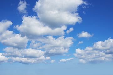 Image showing Blue sky, cloud and nature with weather or outdoor climate of natural scenery in the air. Landscape with clean ozone, view or skyline of heaven, condensation or clear cloudy day in the atmosphere