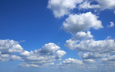 Image showing Blue sky, cloud and weather with mockup space of nature, outdoor climate or natural scenery in air. Landscape with clean ozone, view or skyline of heaven, condensation or cloudy day in the atmosphere