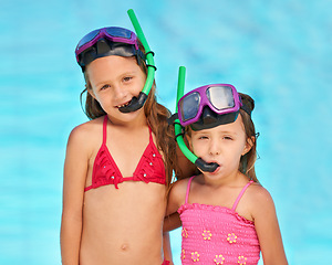 Image showing Snorkeling, goggles and portrait of kids at swimming pool, ready for adventure on vacation. Holiday, games or friends hug together with gear for fun, activity or children with safety in water