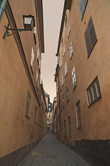 Image showing Travel, architecture and alley of vintage buildings in old town with history, culture and calm holiday destination. Vacation, landmark and quiet street in Sweden with retro apartment in ancient city.