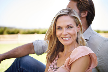 Image showing Couple, woman and portrait to relax in outdoors, love and connection in relationship or security. Mature people, backyard and date in nature or romance in garden, travel and support on summer holiday